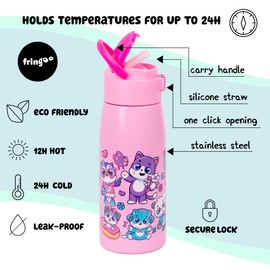 Fringoo Kids Water Bottle with Straw 350ml Stainless Steel Bottle,Insulated Double Wall, 100% Leak-Proof and Lockable, Carry Handle, 12hr temp control, Pink cute animals design