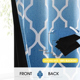 Metro Parlor Ombre Full Blackout Curtains 90 Inches Long 2 Panels for Living Room Bedroom Blue White Moroccan Geo Patterned Room Darkening Thermal Insulated Grommet Top Window Treatment Drapes,52x90