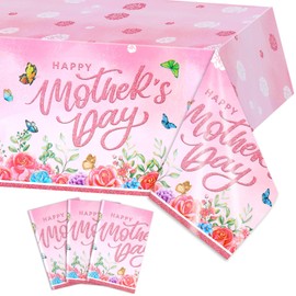 HOWAF 3 Pack Happy Mother's Day Glitter Plastic Tablecloth, Large Rectangle Pink Rose Floral Mother‘s Day Party Table Cover for MOM's Day Outdoor Home Party Disposable Waterproof Plastic Tablecloth