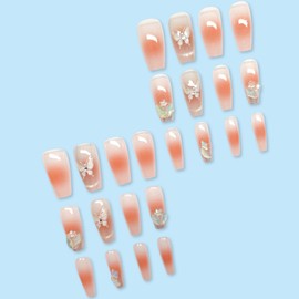 Hkanlre Long Press on Nails Nude Fake Butterfly Cute Nails Tips Full Cover False Coffin Nails for Women and Girls 24PCS