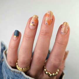 Fall Press on Nails Medium Square Thanksgiving Fake Nails Nude Full Cover Gold Leaves Line False Nails with Designs Matte Glue on Nails Acrylic Nails Manicure Artificial Nails for Women Girls 24Pcs