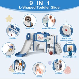 Glaf Toddler Slide Indoor Playground 9 in 1 Slides for Toddlers 1-3 Kids Baby Outdoor Playset with Climber Basketball Hoop Drawing Board and Storage Space (Blue)