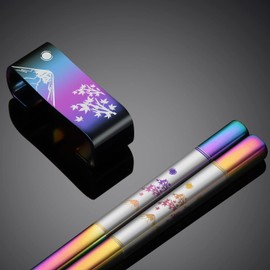 TIICOO Metal Chopsticks Reusable 2 Pairs Titanium Plated 18/8 Stainless Steel Chopsticks with Holder, Dishwasher Safe Non-Slip Japanese Style Laser Engraved Chop Sticks Gift Set (Rainbow)