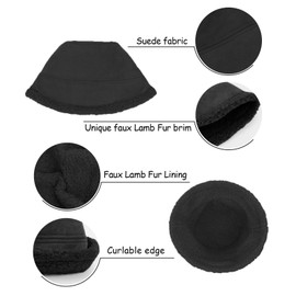 Gllutt Winter Bucket Hat for Women with Fluffy Faux Fur Brim Faux Lamb Fur Lining (Fleece Black)