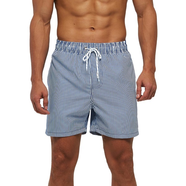 ADOREJOY Mens Swim Shorts Breach Trunks Casual Hawaiian Fit Pool Stretch Cargo Pants Bathing Suit with Pattern(Stripe Blue White, XL)