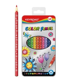 Keyroad Coloured Pencils Triangular Shape in a Metal Box - Pack of 12 / Mixed Colours / Adults and Children / Soft Graphite / Ideal for Colouring Books Hanging Hole / Comfortable Palm Grip for