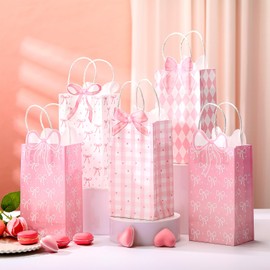 Gilprop 16 Pcs Pink Bow Gift Bags Paper Small Coquette Treat Goodie Candy Bags for Birthday Wedding Bridal Shower Engagement Party Favor Supplies