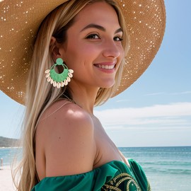 EVER FAITH Boho Raffia Shell Earrings Lightweight Handmade Woven Shells Purple Statement Raffia Earrings Summer Beach Holiday Jewellery, Shell Raffia Shell