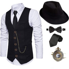 EFORLED 1920s Mens Costume Fedora Hat,Gatsby Gangster Vest,Vintage Pocket Watch,Pre Tied Bow Tie,Tie,CC-S