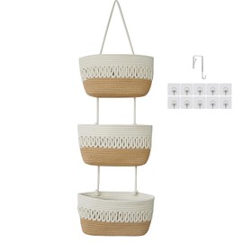 danpinera Over the Door Hanging Baskets for Organizing, 3-Tier Hanging Wall Basket for Storage, Woven Cotton Rope Baskets Storage Decorative for Nursery, Bedroom, Living Room, Kitchen, White & Jute