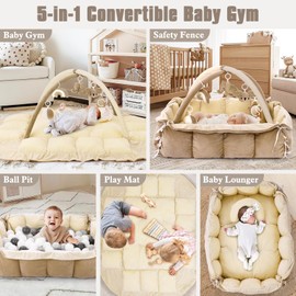 5-in-1 Plush Baby Play Gym, Baby Play Mats, Convertible Baby Gym with Pillow, Tummy time mat, 6 Sensory Toys, Baby Activity Center from Newborn to Toddler, Pet Bed, Cat & Dog Bed, Ball Pit, Cream