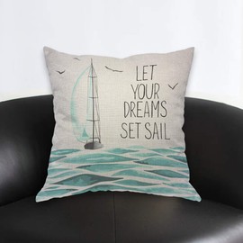 AOYEGO Sea Sailboat Motivational Quote Throw Pillow Cover Let Your Dreams Set Sail Boat Wave Ocean Sea Ship Trip Pillow Case 18x18 Inch Decorative Men Women Room Cushion Cover for Home Couch
