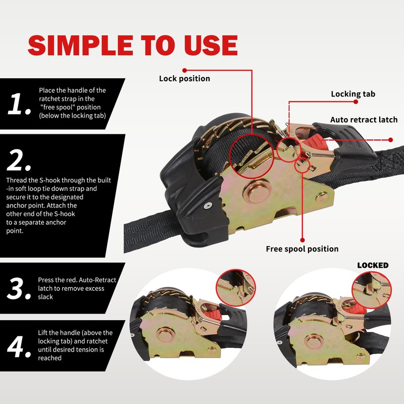 MOTO4U Auto Retractable Ratchet Straps 2-Pack | 1” x 10ft