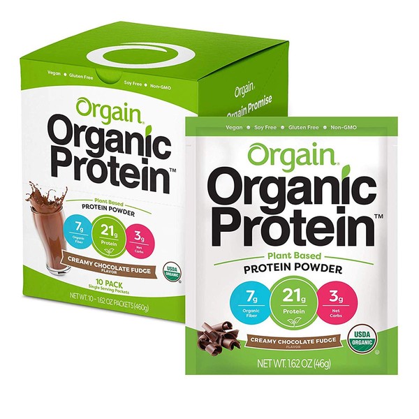 Orgain Organic Plant Based Protein Powder Travel Pack, Creamy Chocolate Fudge - Vegan, Low Net Carbs, Non Dairy, Gluten Free, Lactose Free, No Sugar Added, Soy Free, Kosher, Non-GMO, 10 Count
