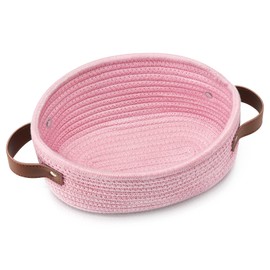 ABenkle Small Woven Basket, Pink Basket, Baby Girl Basket, Mini Cotton Rope Storage Basket, Decorative Shelves Closet Organizer, Baby Basket for Nursery, Kids Room, 9.4" x 5.9" x 3.9" - XS