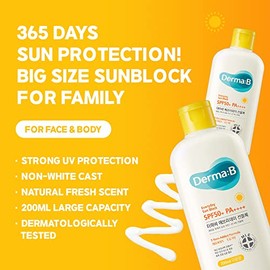 Derma B Everyday Sun Block Protector Solar De Gran Tamaño Spf50+ Pa++++ 6.71 Fl Oz, 200Ml Crema Hidratante Spf Ligera De Rápida Absorción, Cuerpo Facial No Pegajoso Para Piel Mojada,