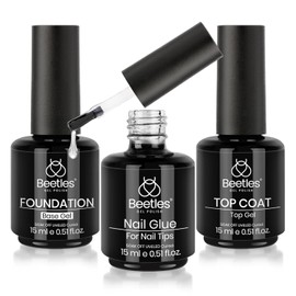 beetles Gel Polish Capa superior y base que no se limpia con pegamento de gel de unas 5 en 1, 3 piezas de 0.5 onzas líquidas, kit de uñas de gel con juego de unas, efecto de brillo de larga duración, lúmpara de luz UV para bricolaje para mujerees y niñas