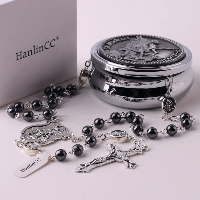 HanlinCC Saint Michael the Archangel Hematite Black Stone Beads Rosary