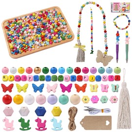 sanendin 260 Pcs Deluxe Wooden Bead Set -Crafts Colored Wooden Beads for Jewelry Making Painted,DIY Wood Beads for Friendship Bracelet Tray Pen Decoration Jewelry Making,Great for Family Playdates