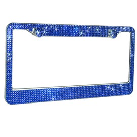 Luxury Handcrafted TRUE COLOR Bling Rhinestone Premium Stainless Steel License Plate Frame with Gift Box | 1000+ pcs Finest 14 Facets SS20 Black Rhinestone Crystal | Anti-Theft Screw Cap (blue)