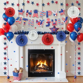 Kumikumi 4th of July Decorations Set Patriotic Banner with Red White Blue Paper Fans Star Garland and Tissue Pom Poms Independence Day Party Decor