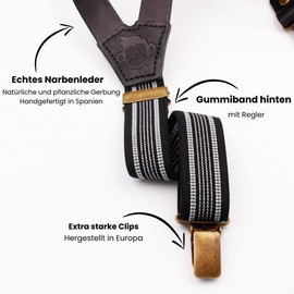 Schwarze leder hosenträger herren | Handgefertigt in Spanien | Hosenträger für Herren mit 3 extra starken Clips. (Schwarz)