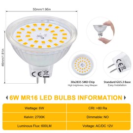 SanGlory MR16 GU5.3 LED Warm White 6 W Replaces 60 W Incandescent Bulb, 600 LM, 2700 K, Energy Saving Bulb MR16 Spotlight, 120° Beam Angle, Reflector Lamps Socket GU5.3, Not Dimmable, Pack of 6