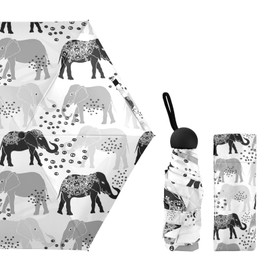 Trendy Ethnic Elephants Tribal Motifs Dots Vintage Black White Small Mini Anti-UV Compact Travel Umbrella, 5 Folding Ultra-Light Umbrella, 6 Ribs Pocket Windproof Foldable Vinyl Parasol