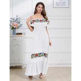 Mexican Dress for Women Floral Embroidered Dress Off Shoulder Long Maxi Dress Summer Cinco de Mayo Party Dresses Vacation Beach Holiday Boho Dress Sleeveless Flowy Dress White XXL