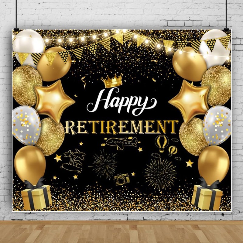 DORCEV 8x8ft Happy Retirement Photography Backdrop Black and Gold Retirement