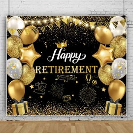 DORCEV 8x8ft Happy Retirement Photography Backdrop Black and Gold Retirement Party Decorations Backdrop Background Balloons White Lights Glitter Celebrate Retirement Party Supplies Studio Props