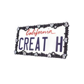 Creathome 3D Shining Daisy Heart License Plate Frame from Pure Zinc Alloy Metal Perfect Plate Holder, Matt Black with Silver Glitter Luminously Heart