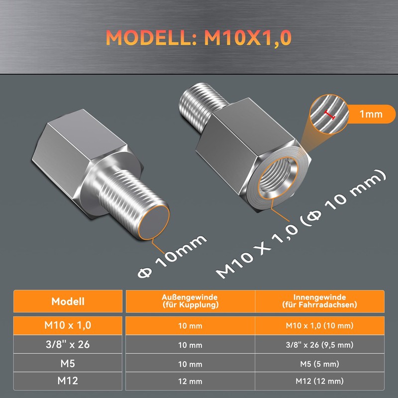 NICEDACK Bicycle axle adapter for axle thread size M10 x
