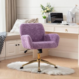 Faux Fur Makeup Vanity Chair, Comfy Fuzzy Home Office Desk Chair with Wheels & Gold Base, Upholstered Adjustable Swivel Office Chair for Teens Girls Women Home Office, Violet