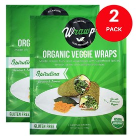WrawP Organic Veggie Wraps - SPIRULINA (2 pack) SHELF STABLE, All Natural, Gluten Free, Paleo, Raw Vegan. Perfect for Wraps, flat bread, snack, chips