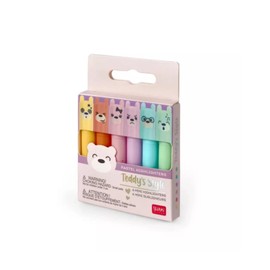 Legami - Teddy's Style Set of 6 Mini Highlighters 1 x 7.5 cm Yellow, Peach, Pink, Purple, Light Blue, Light Green, for Precise Underlining and Marking, Multi-Colour 2