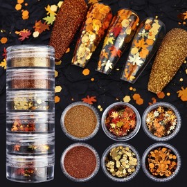[Overseas] 2025 Fall Nail 2025 New Fall One Piece Bottled Maple Leaf Spangle Gold Orange Four Free Size/ 6 bottles of wool powder - Autumn Series 7 30ea