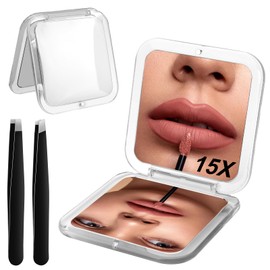 Kompakter Make-up-Spiegel mit Vergrößerung 15 x / 1 x für Reisen, kleiner Taschenspiegel, tragbar, faltbar, Spiegel für Taschen auf 2 Seiten mit 15 x und 1 x mit 2 Pinzetten, quadratisch ca. 8,5 cm,