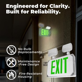 LFI Lights® Outdoor UL 924 Listed Wet Location Rated Combo Exit Sign with Emergency Lights, Green LED, White, 120/277VAC Hardwired with Battery Backup, Optional Double Face and Knock Out Arrows, WLFCOMBORWBB