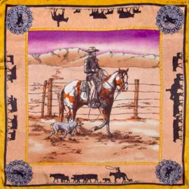 Wyoming Traders Wild Rags Paint Horse Cowboy Print Tan Silk Scarf - 34.5"