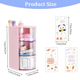 3-Tier Clear Hair Accessories Organizer with Makeup Brush Holder, Rotatable Jewelry Storage Box with Cute Stickers for Bows & Clips, Desktop Organizer Case for Bathroom Vanity Countertop（Pink）