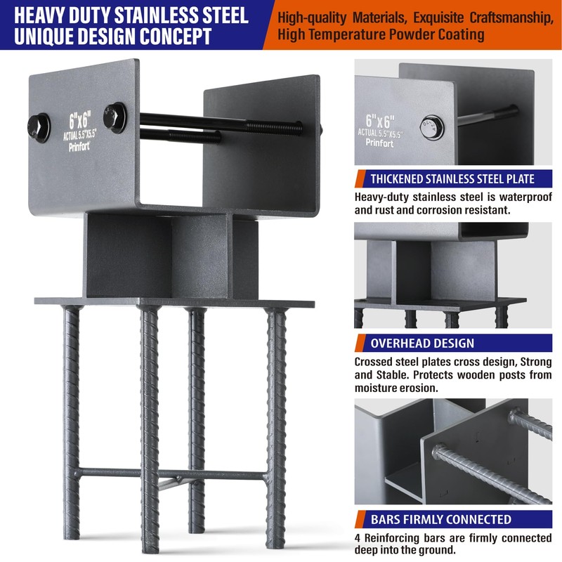 Stainless Steel 6"x6"(Actual 5.5"x5.5") Post Base Bracket Concrete, Wet Set