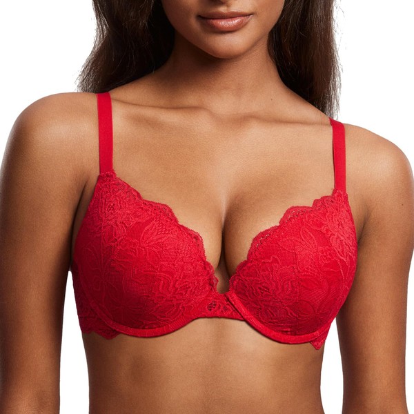 DOBREVA Women's Push-Up Bra with Lace, Padded, Plunge Underwire, Full