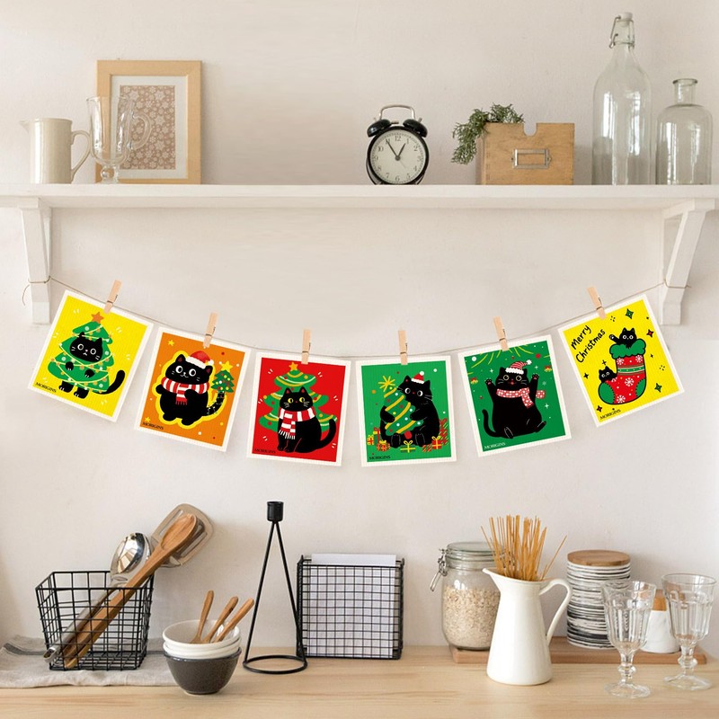 Colorful Christmas Black Cat Swedish Kitchen Towel Winter Snowflake Christmas