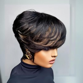 SAEIALL Short Pixie Cut Wig Human Hair for Black Women Black with Brown Highlights Short Wig with Bangs No Lace Front Wigs Get Up and Go Quick Wear