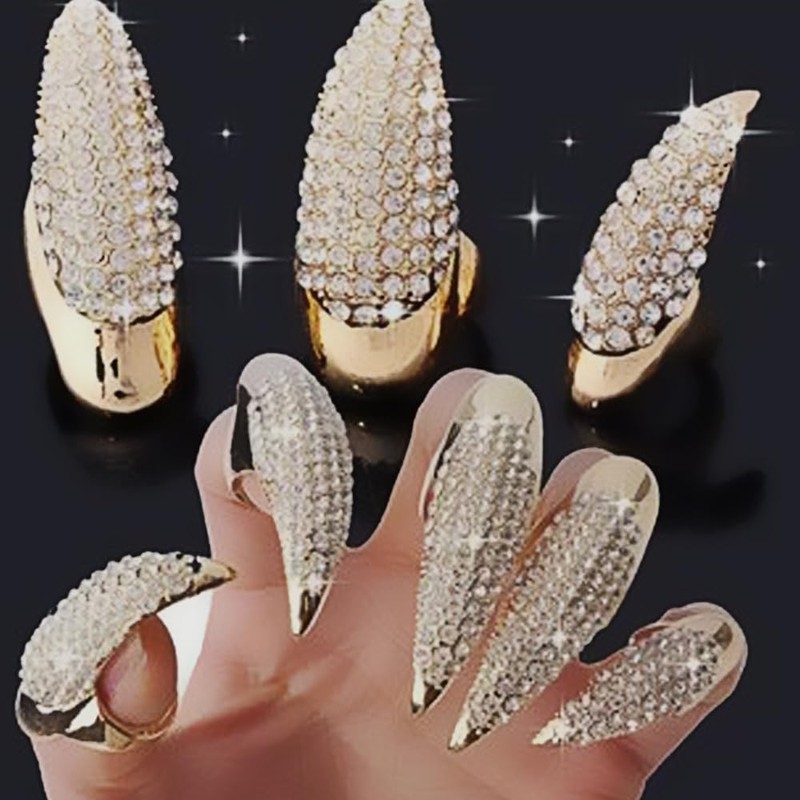 10PCS Halloween Costume Claws,Fake Nails Ring Set, Gothic Punk Crystal