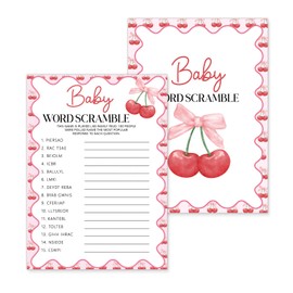 Kqfdr Hilarious Baby Shower Games - Baby Word Scramble Game, Pink Bow Cherry Party Decorations Favors, Ice Breaker Activities for Parents-to-Be-25 pcs, 5x7 in -B04