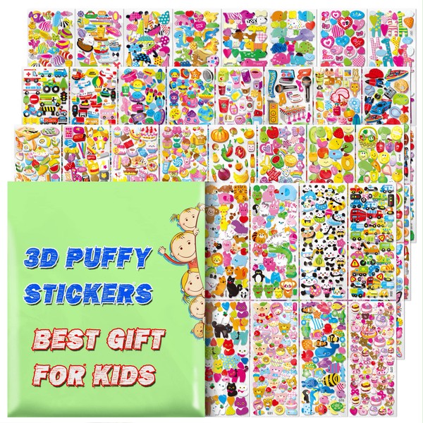 Stickers for Kids, 3D Puffy Stickers, 64 Different Sheets, 3200+ Cute Stickers, Including Animals, Cars, Airplane, Food, Letters, Flowers, Pets, Cakes and Tons More