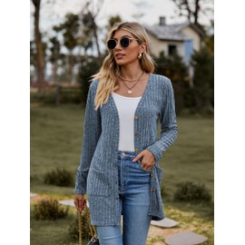 Famulily Women's Long Sleeve Open Front Cardigans, Button Down V Neck Lightweight Outwear Pullover with Pockets, blue