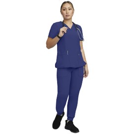 STAT MEDICAL WEAR Women Scrub Set, V-Neck Top with 3 Pockets and Drawstring Jogger Pant with 5 Pockets - 100210, M, Navy